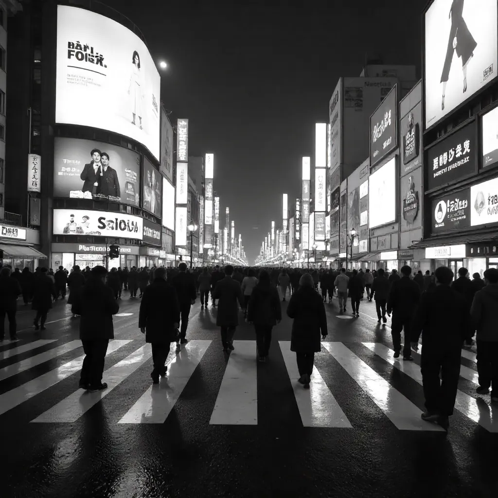 Monochrome Night at Shibuya Crossing, Tokyo