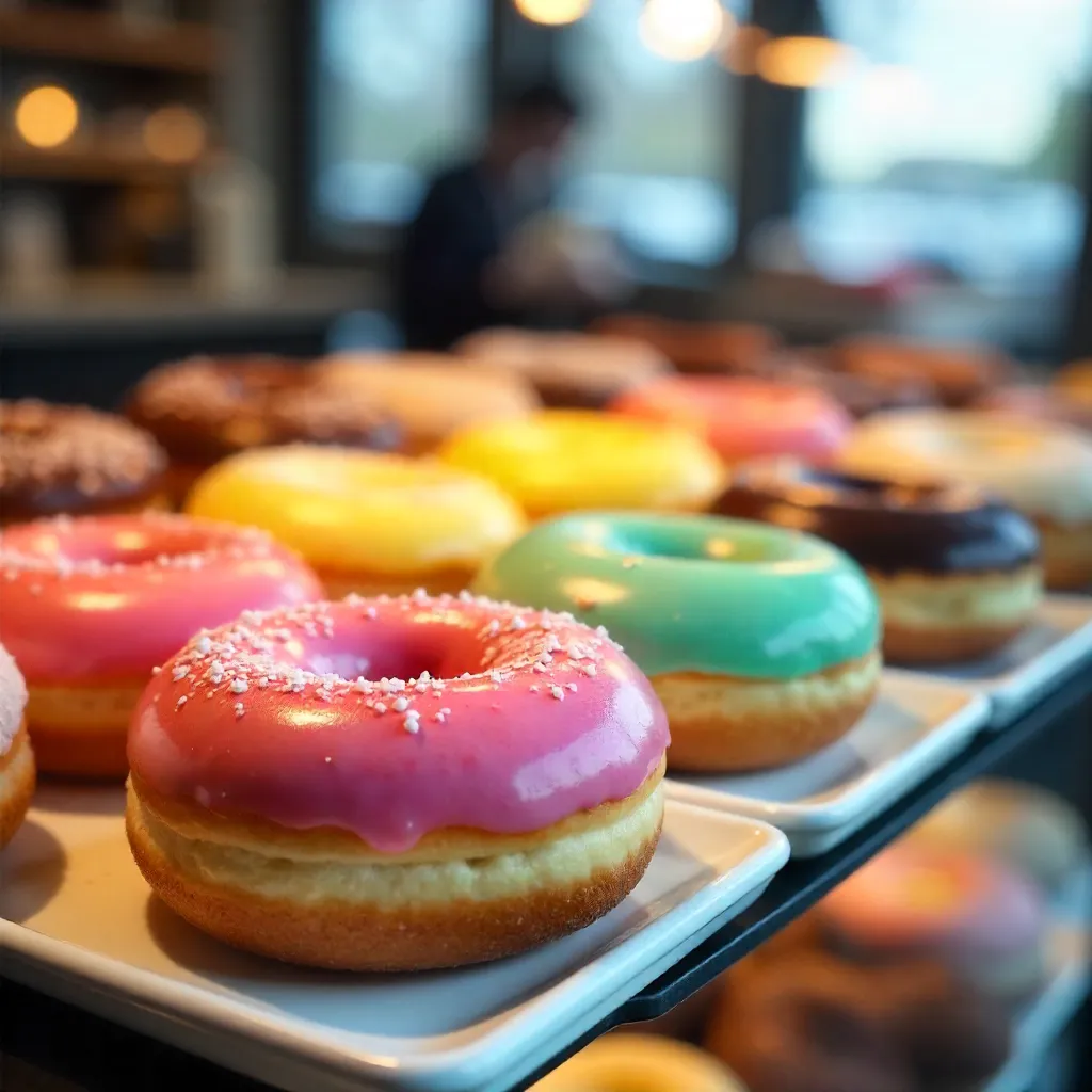 Colorful Donuts in a Bakery Display Case