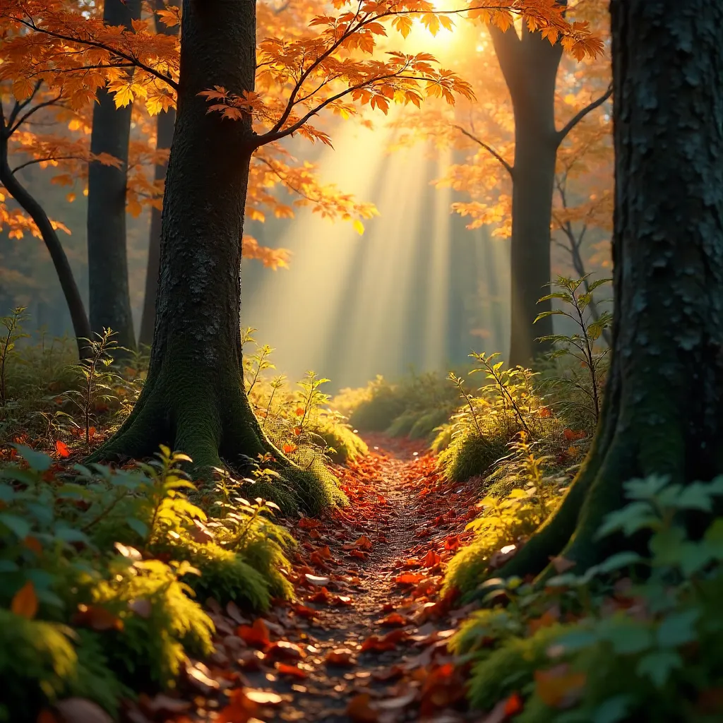 Autumn Sunlit Path Through a Peaceful Forest