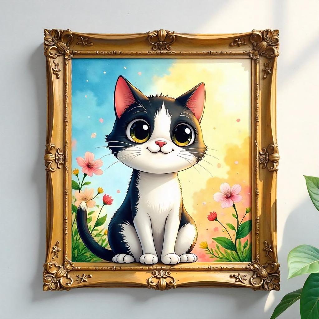 Playful Cartoon Cat Painted in a Whimsical Frame