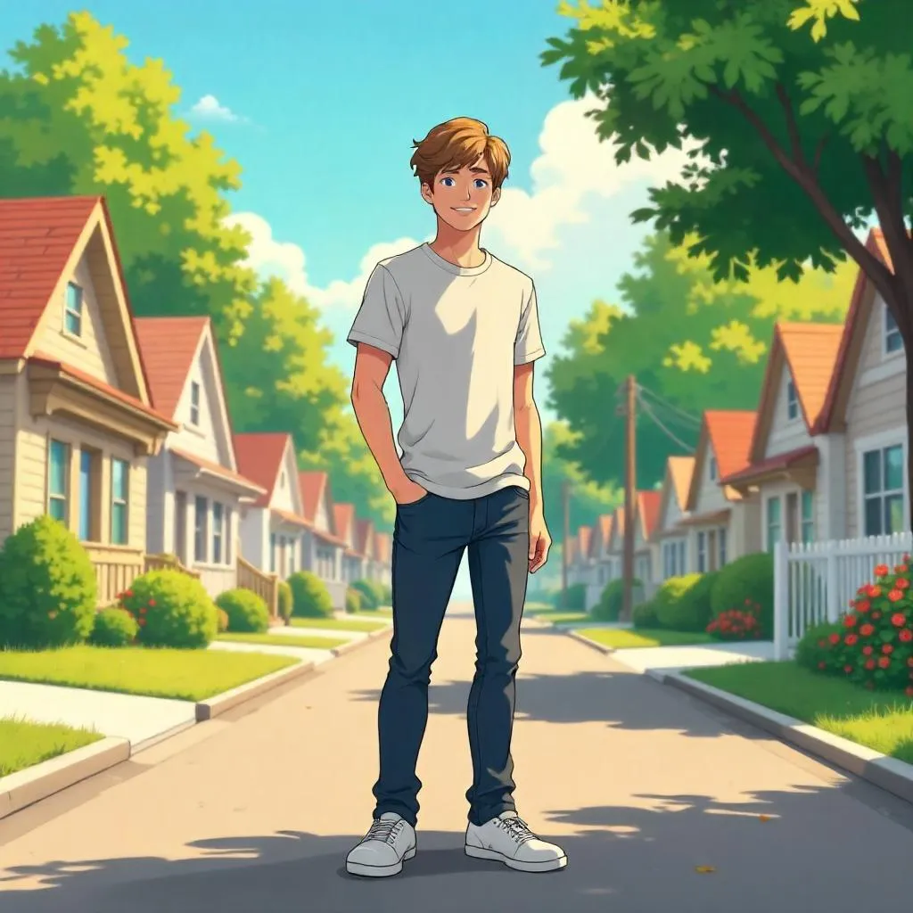 Suburban Anime Portrait: Young Caucasian Man in Calm Street