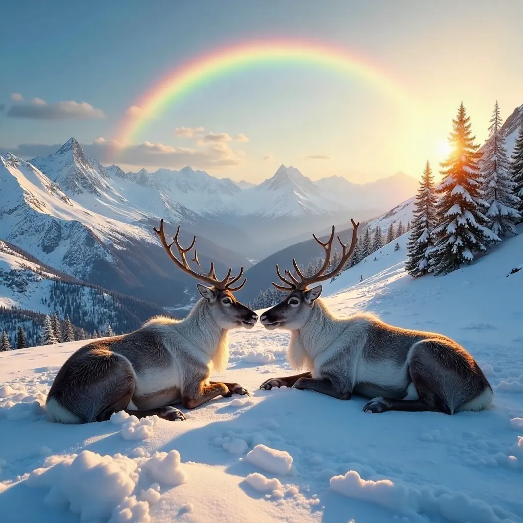 Reindeers on a Norwegian Snow Mountain with Rainbow