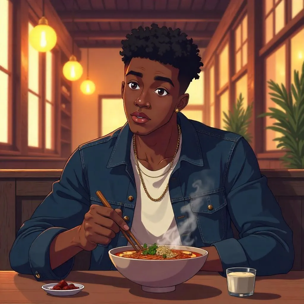 Anime Style: Young Black Man Dining in a Restaurant