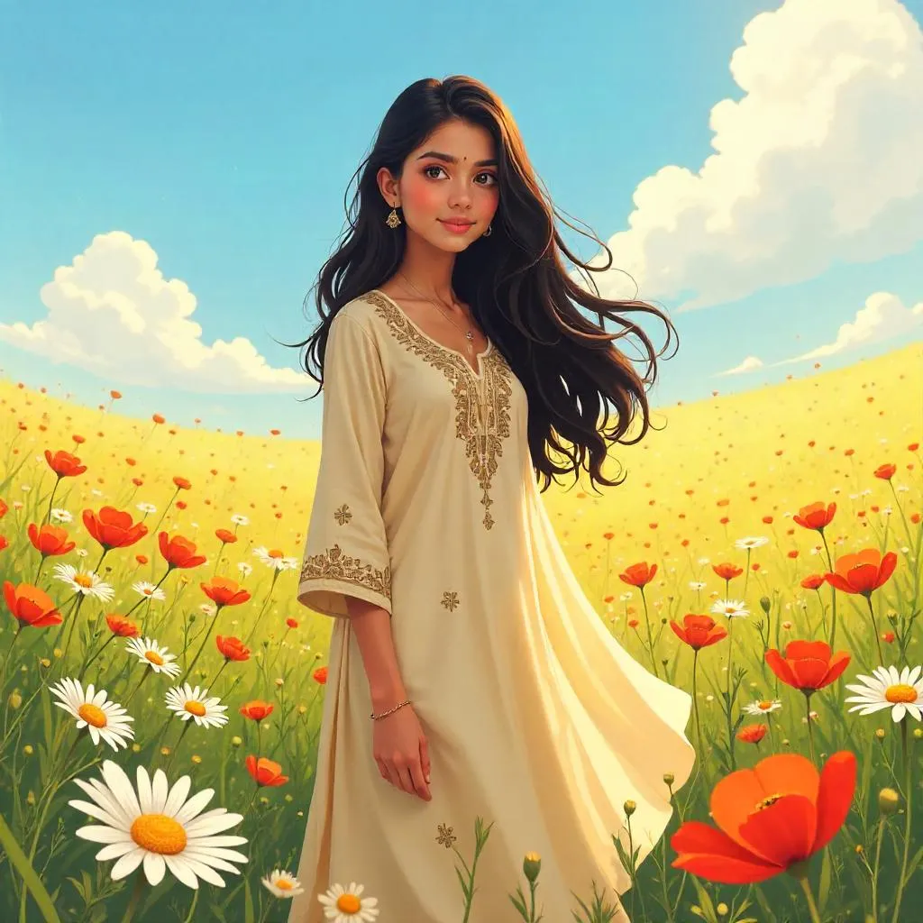 Anime-Style Indian Woman in a Field of Flowers