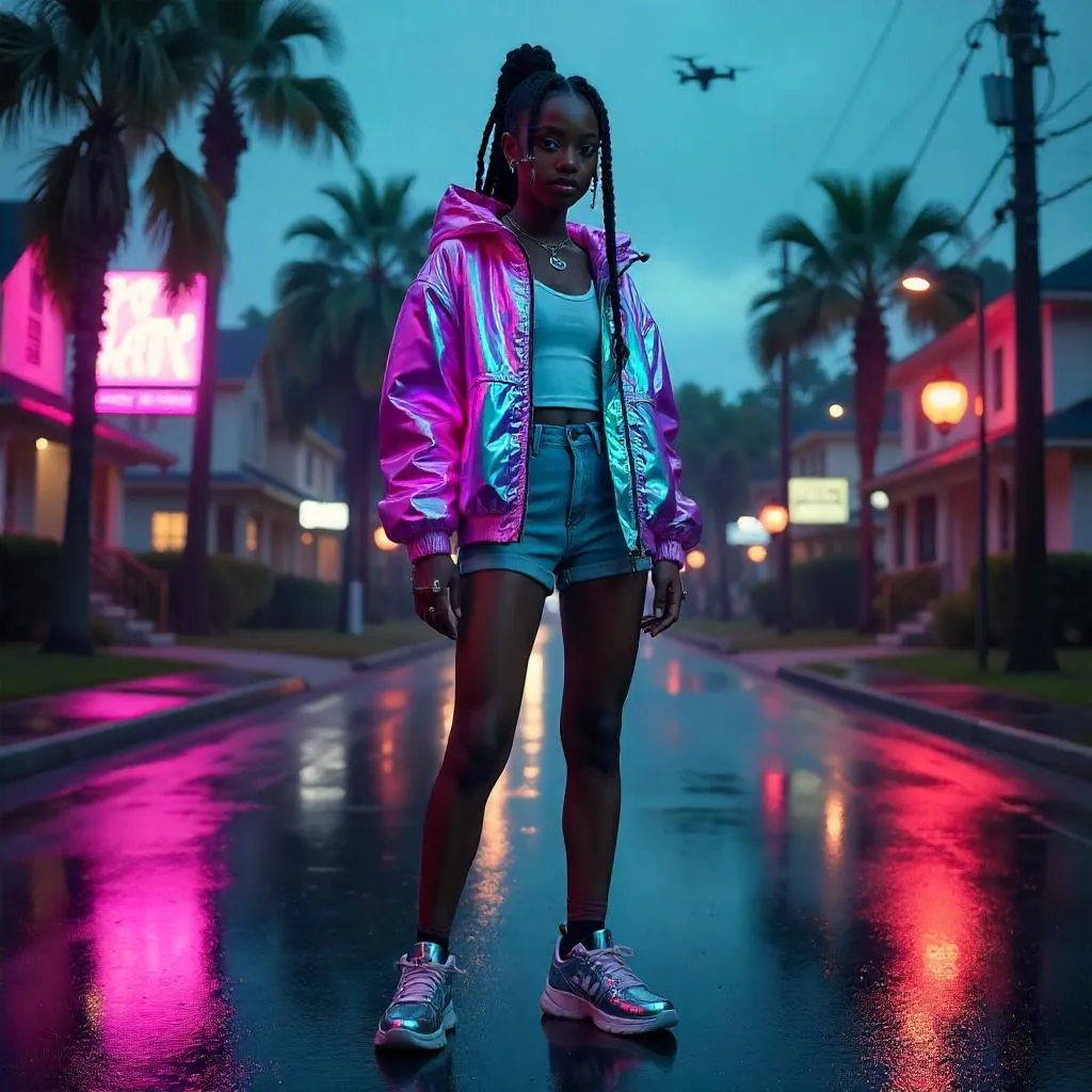 Neon Suburban Night: Cyberpunk Girl