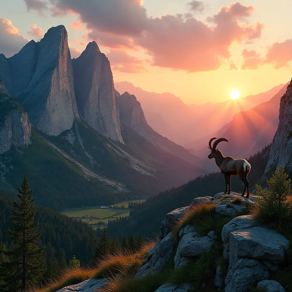 Sunset Majesty Over Picos de Europa with Wild Goat