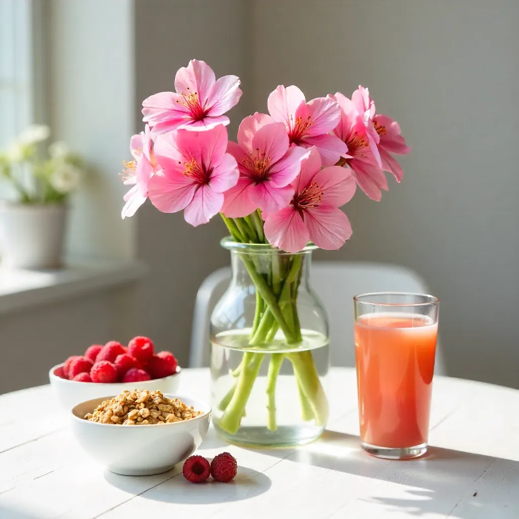 Pink Flowers in a Vase with Raspberries and Granola