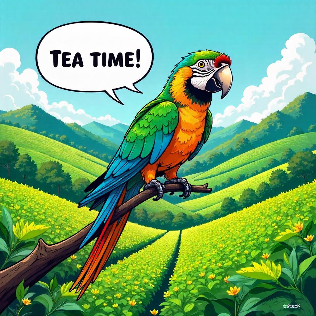 Parrot Hero in a Comic-Book Tea Plantation