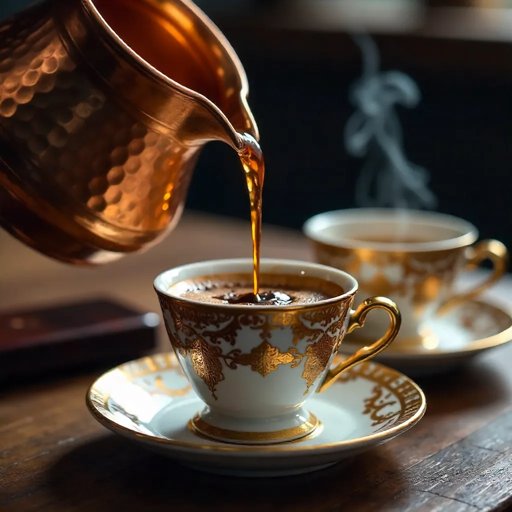 Close-Up Turkish Coffee Pour into Ornate Cups