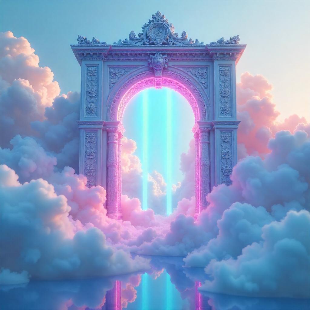 Floating Neon Gateway in a Dreamy Cloudscape