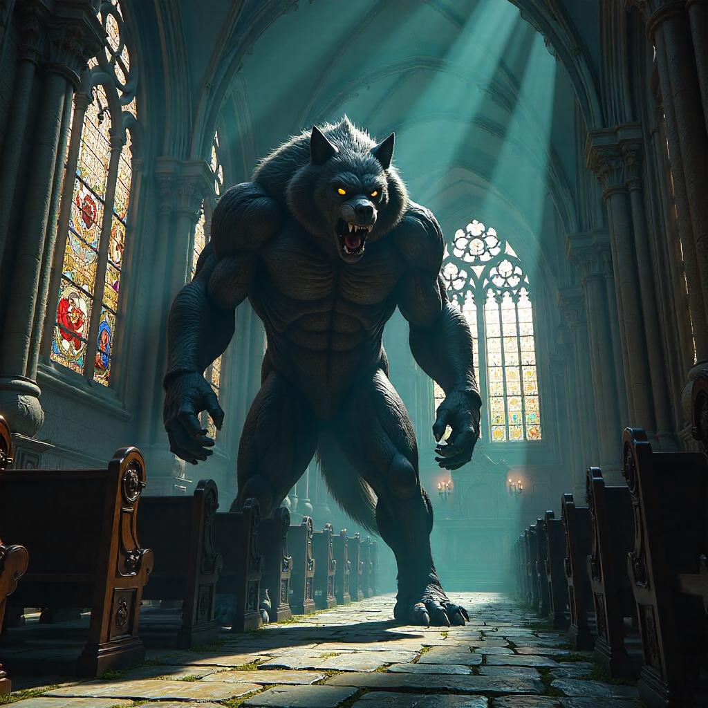 Moonlit Werewolf in the Gothic Cathedral