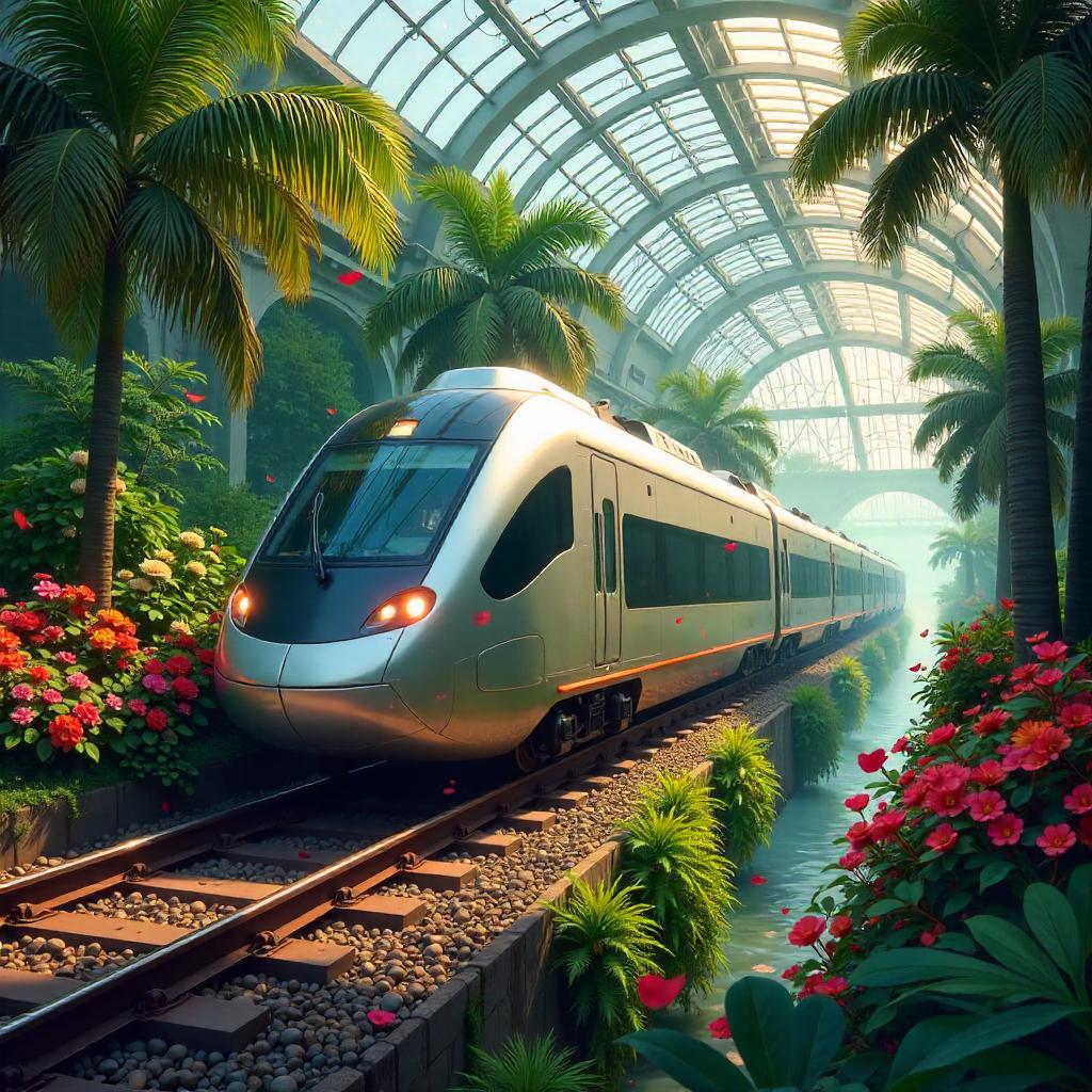 Locomotive in a Blooming Botanical Garden