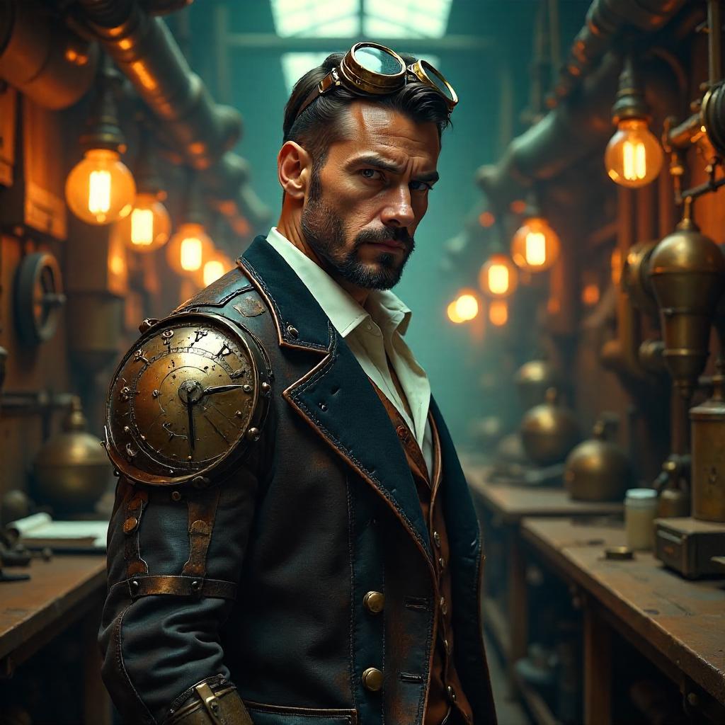 Handsome Cyberpunk Gentleman in a Steampunk Workshop