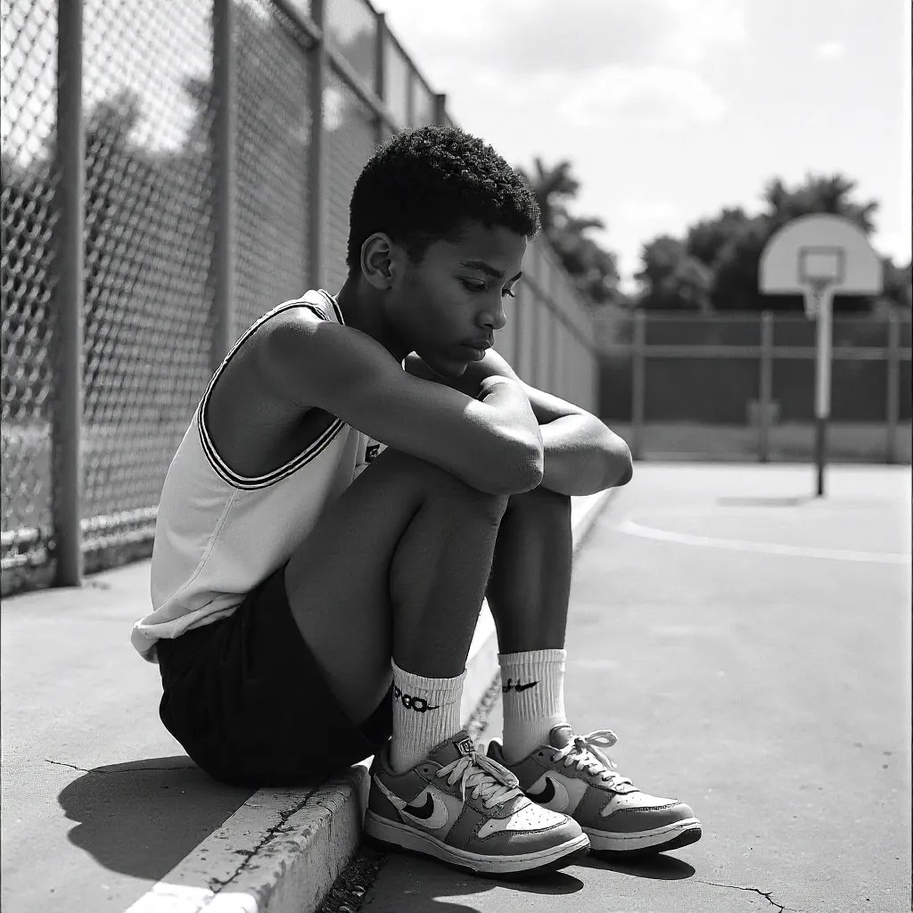 Contemplative Black-and-White Portrait on an Outdoor Court