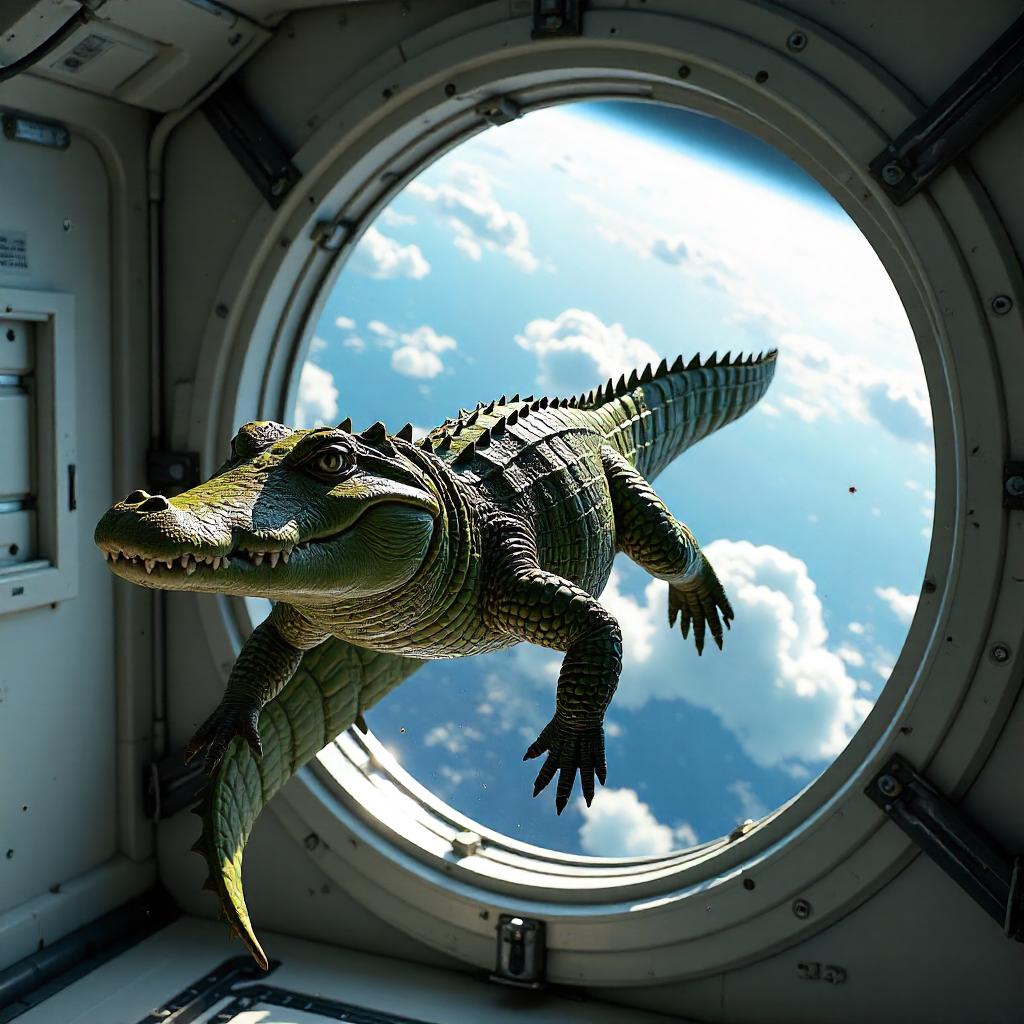 Photorealistic Crocodile Floating in Zero-Gravity Space