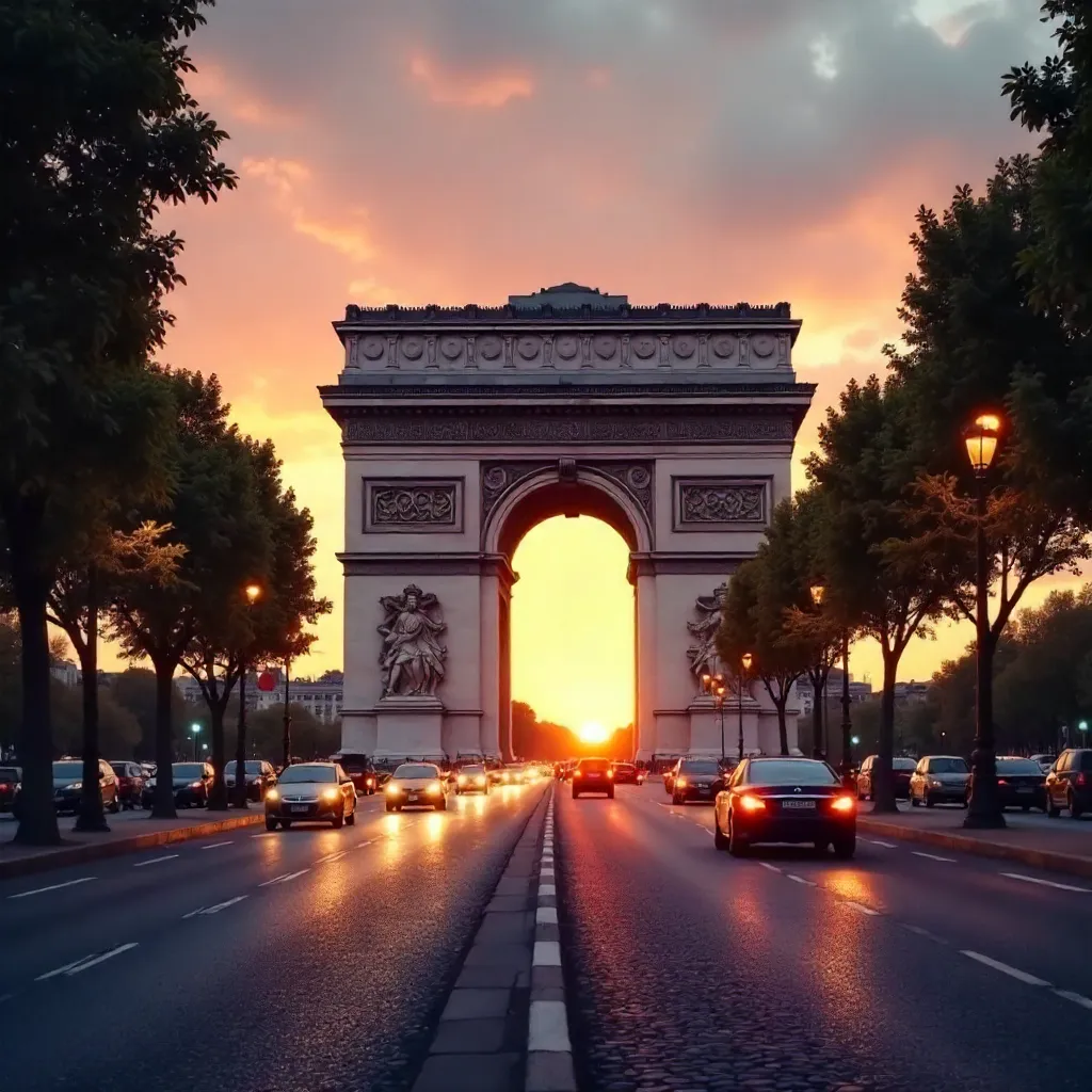 Golden Hour Arc de Triomphe: Paris Street View at Sunset