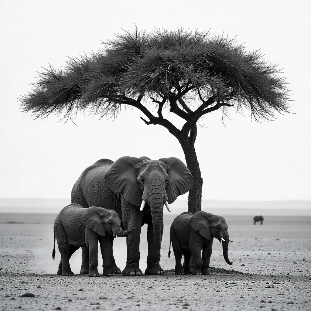 Black and White Namibian Elephant Family Portrait