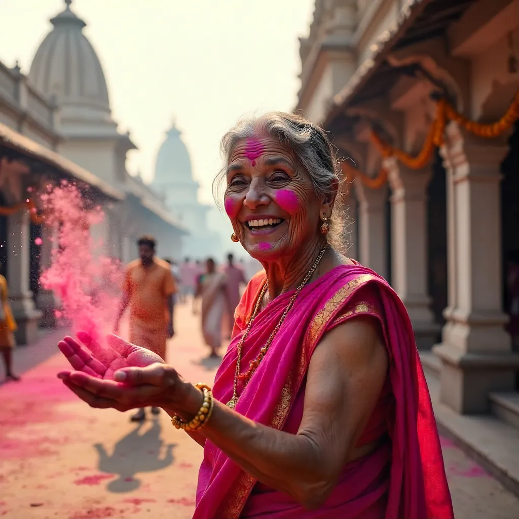 Joyful Senior Woman at Holi in Vrindavan