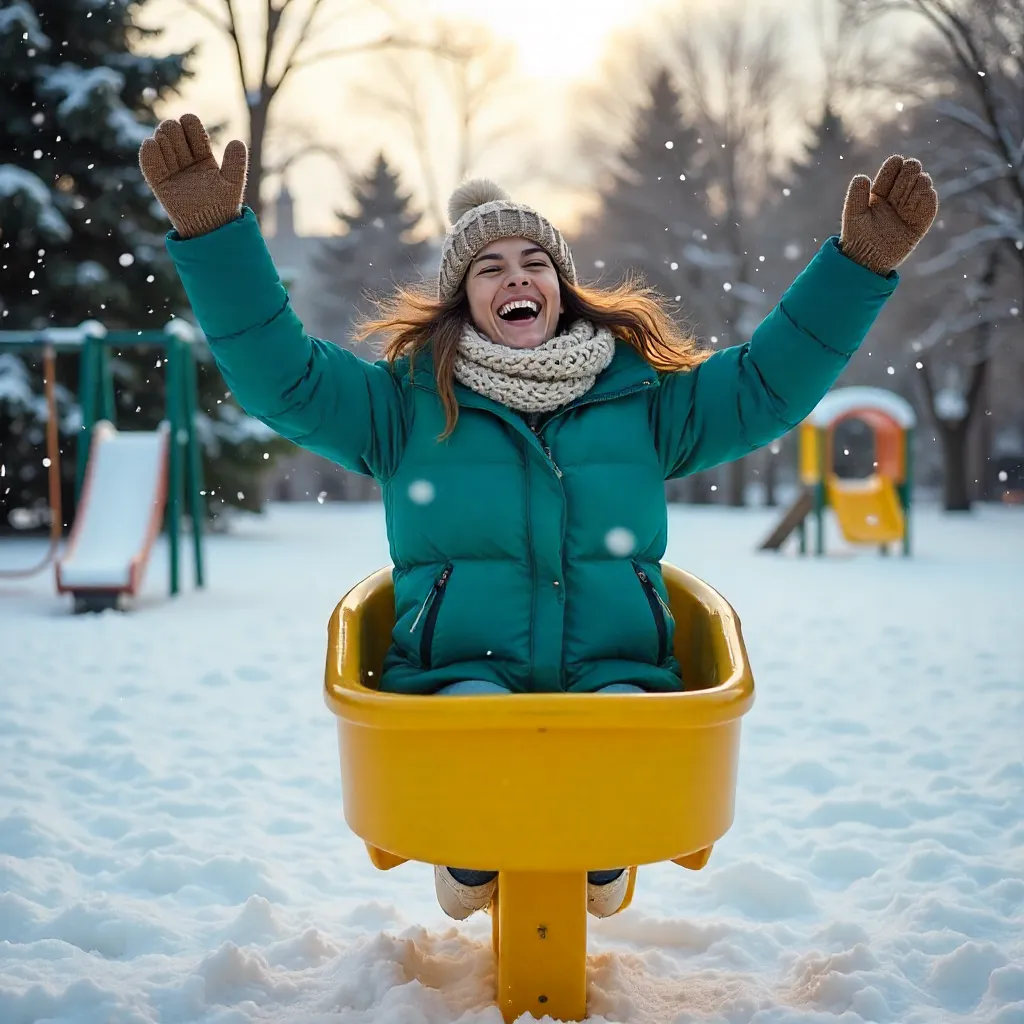 Spinning Chair in a Snowy Playground