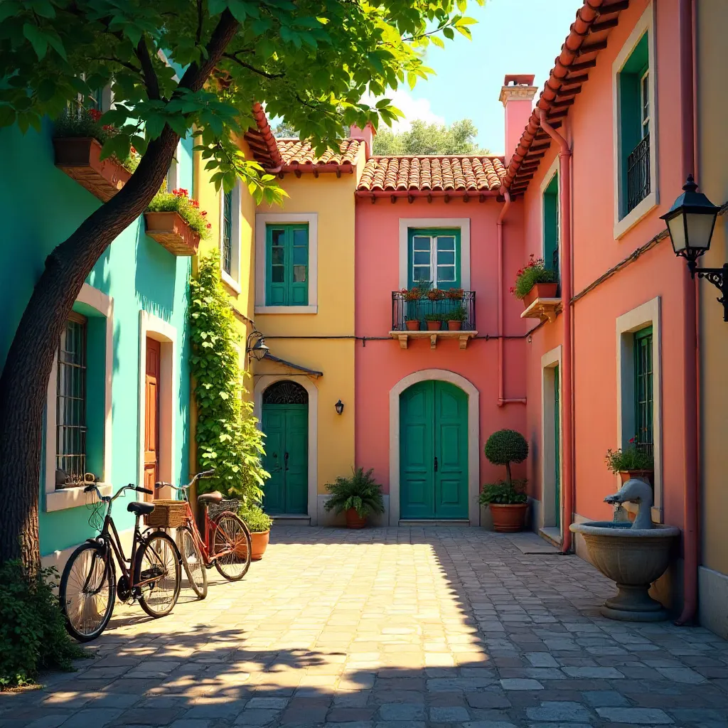 Courtyard of Colorful Buildings with Tranquil Bicycles
