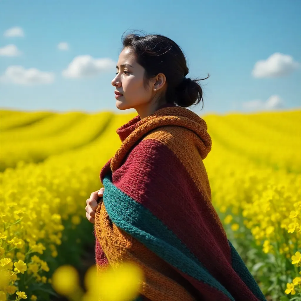 Shawled figure in a mustard field under a blue sky