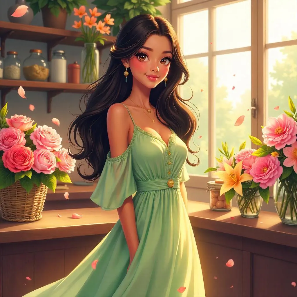 Elegant Latina in an Anime Flower Shop