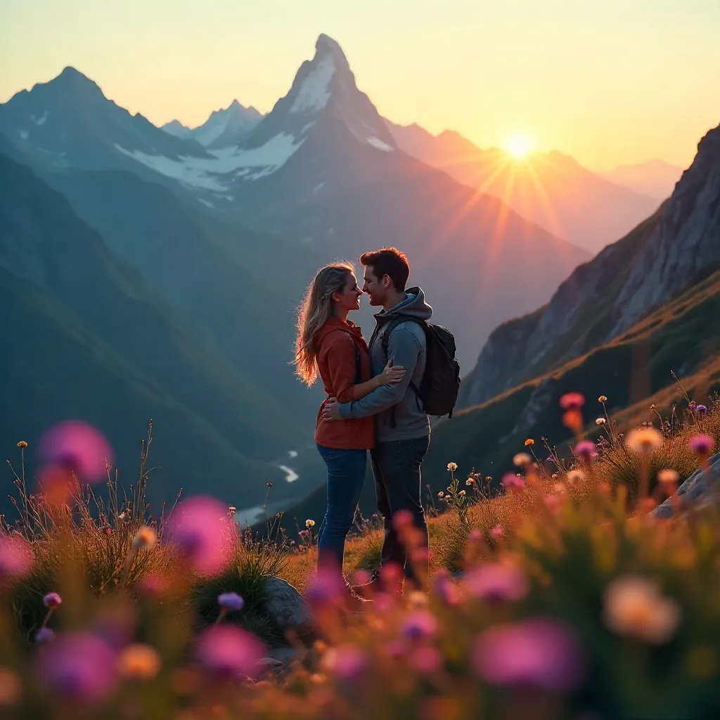 Romantic Embrace Under Mountain Peaks with Bokeh