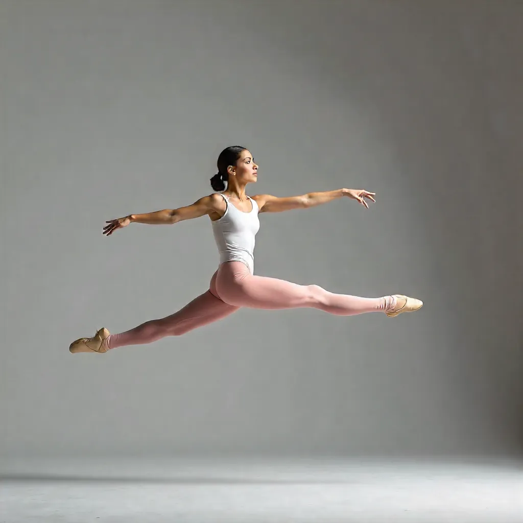 Effortless Split Leap: Ballet Grace Against Minimalist Backdrop