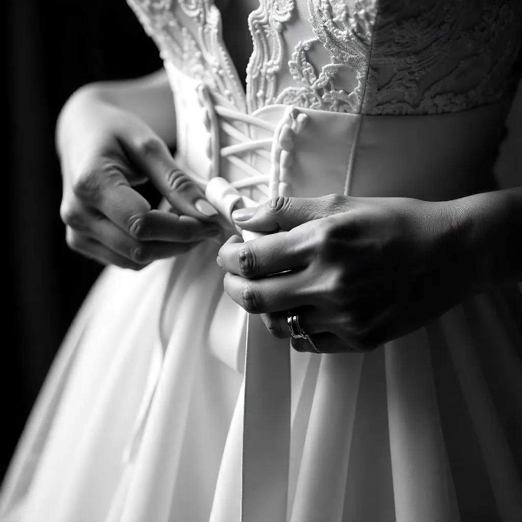 Close-up of lace-tied hands on satin bridal bow