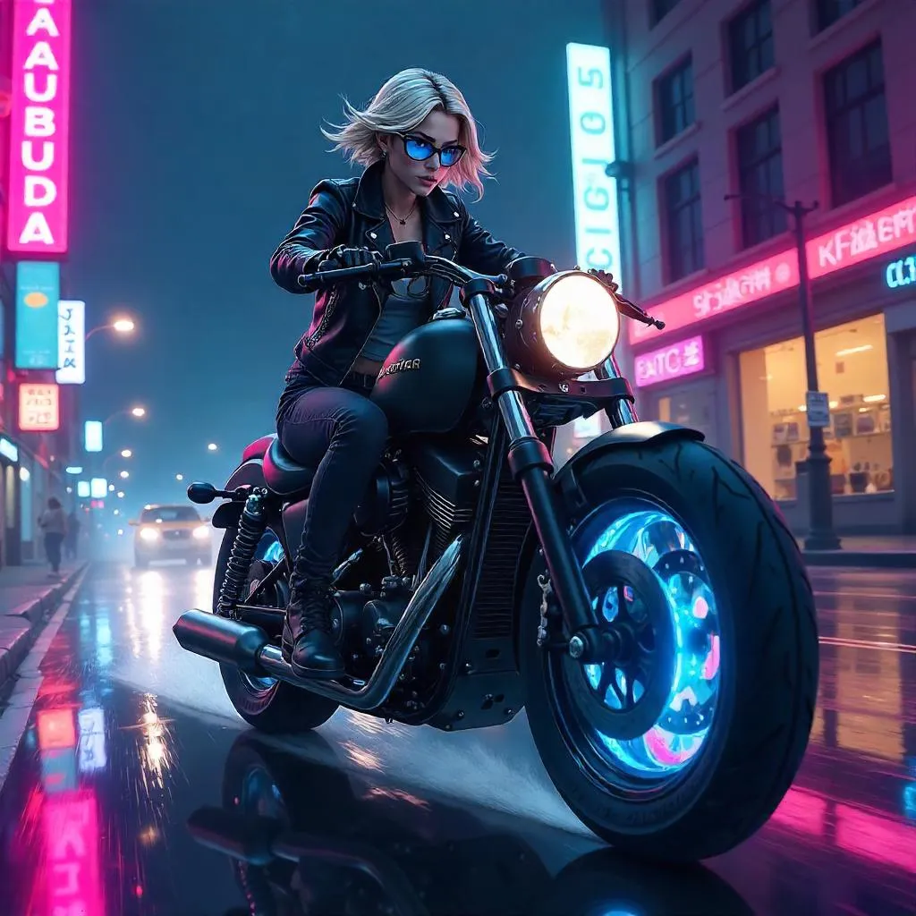 Stylish White Woman Riding Neon Motorcycle - Anime