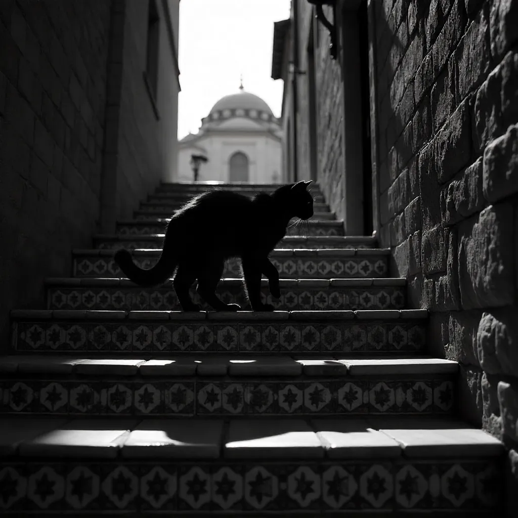 Black Cat on Geometric Stairs in Istanbul (B&W)