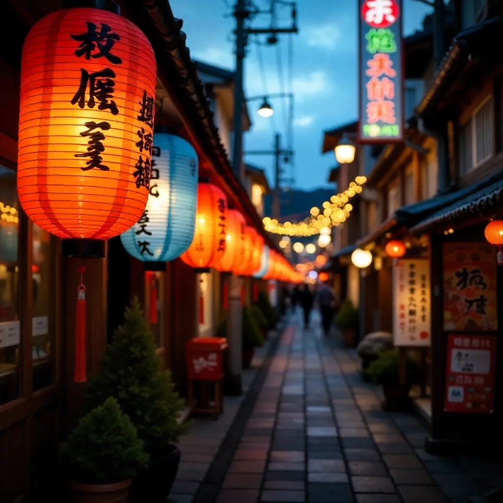 Colorful Japanese Paper Lanterns at Outdoor Festival