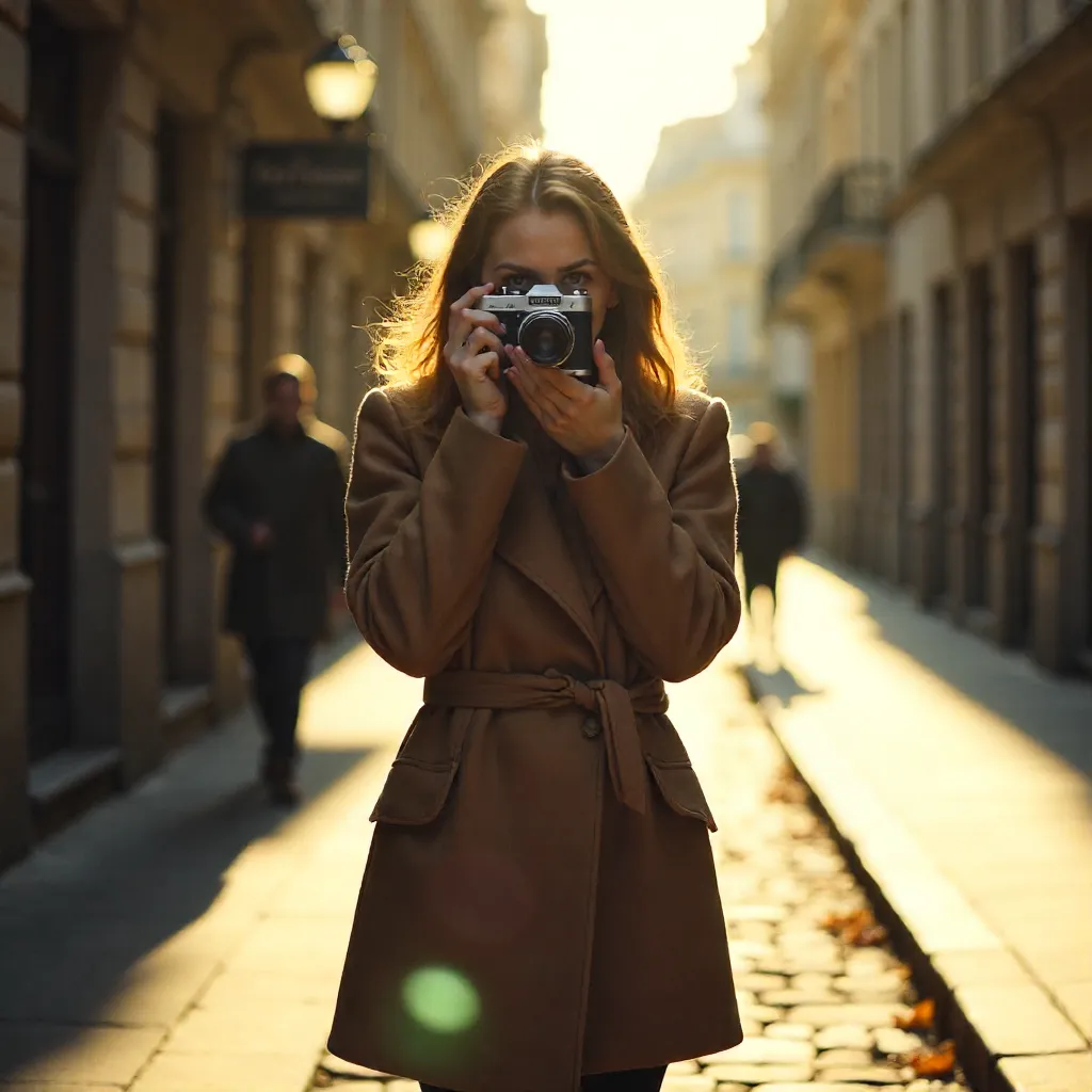 Brown Coat Outdoors with Vintage Camera - Classic Style