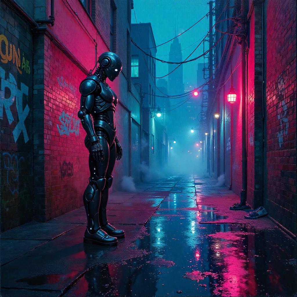 Oil Painting of an AI Construct in Neon Alley