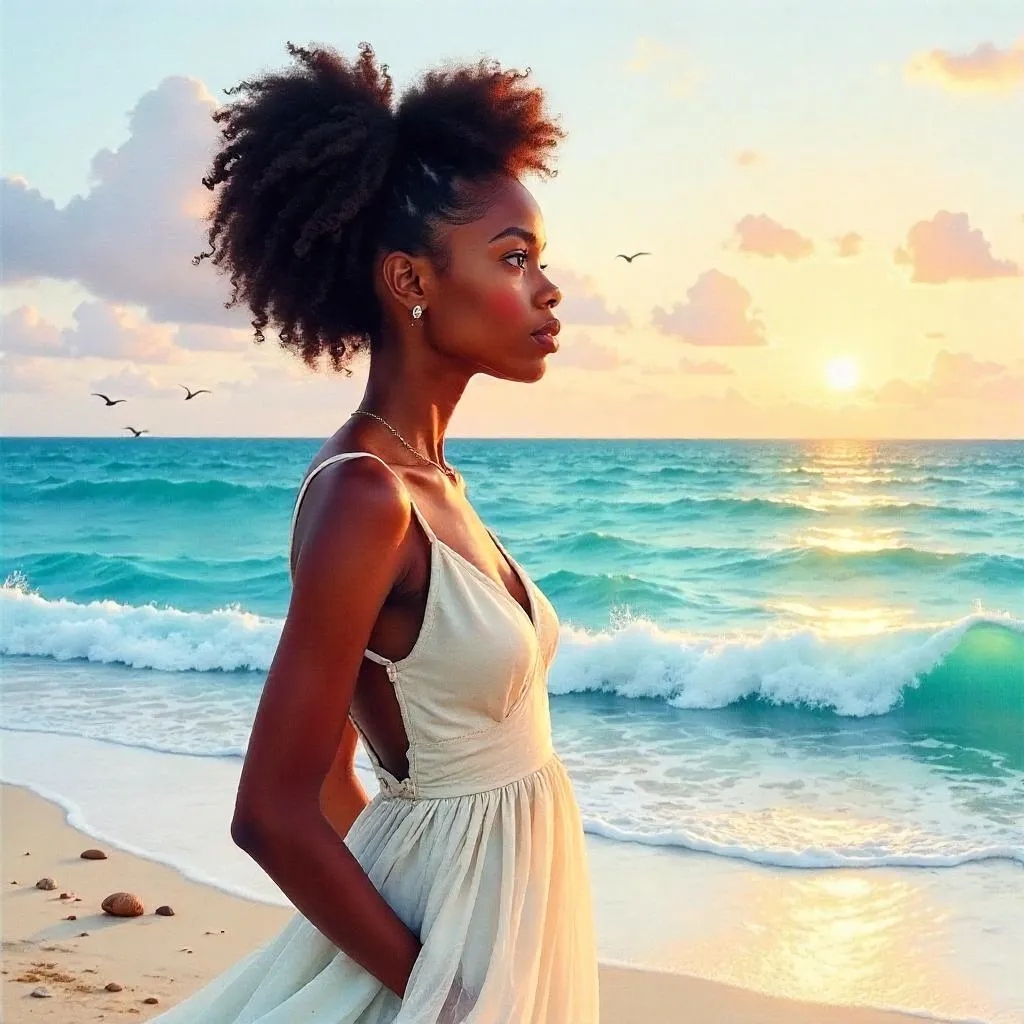 Elegant Black Girl by the Ocean in Watercolor