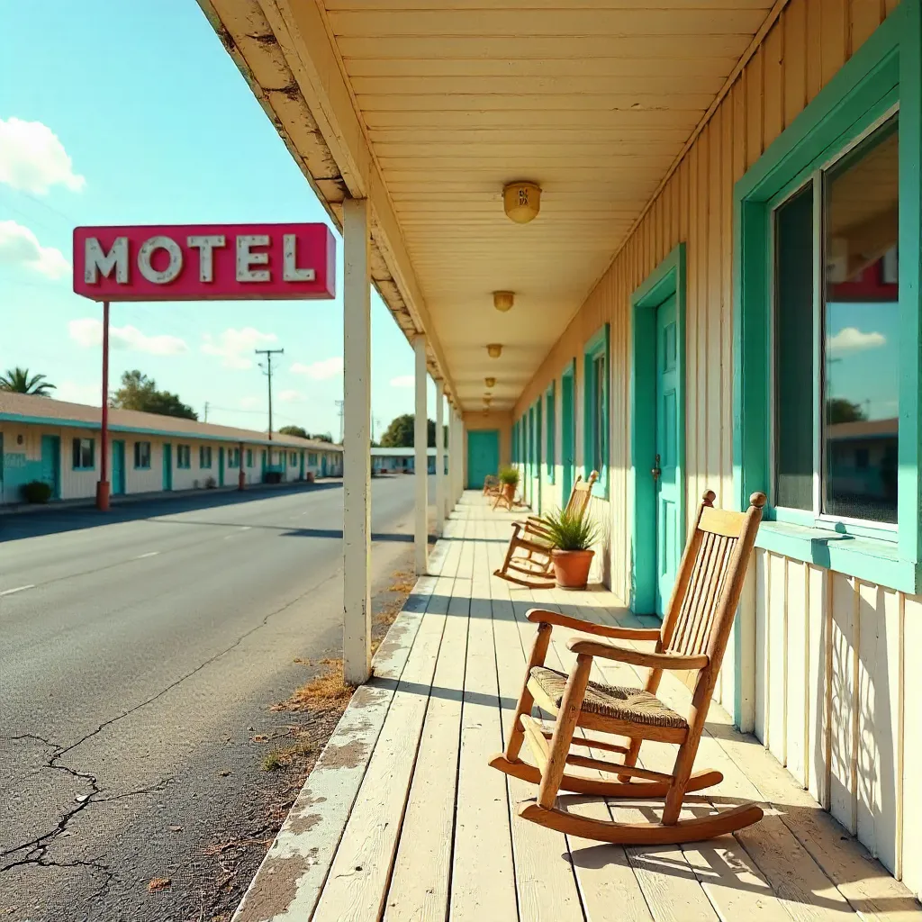 Sunny Day Motel Exterior with Lone Rocking Chair