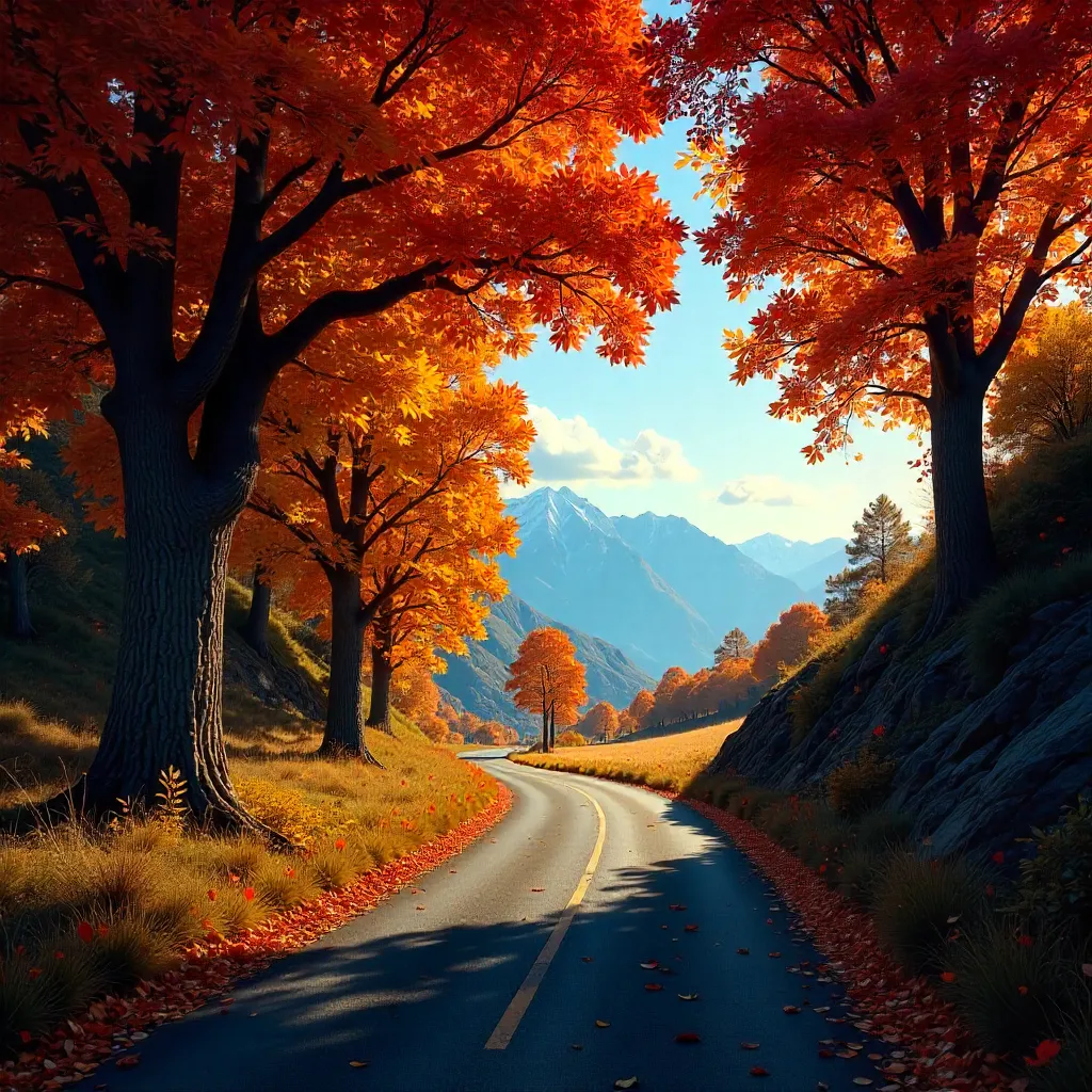Autumn Road Toward Distant Blue Mountains