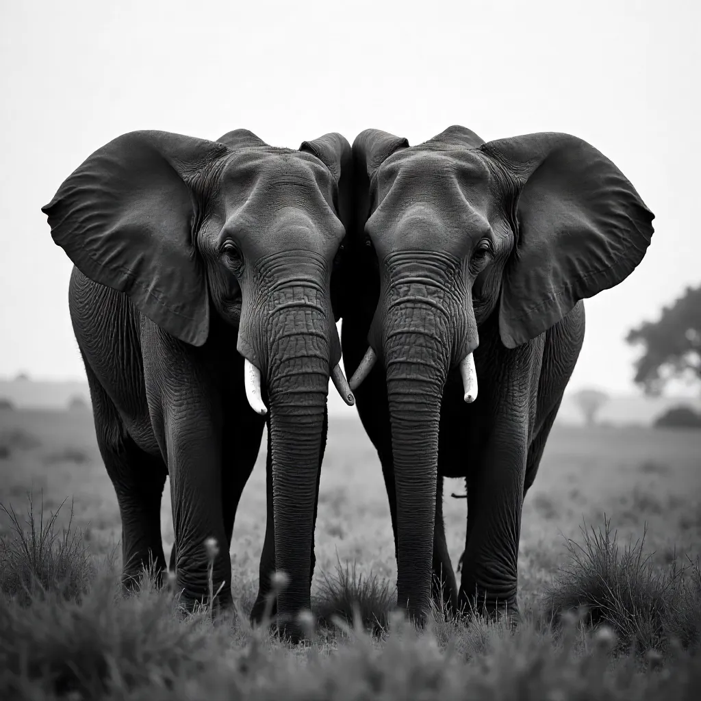 Monochrome Portrait: Two Asian Elephants Standing Close