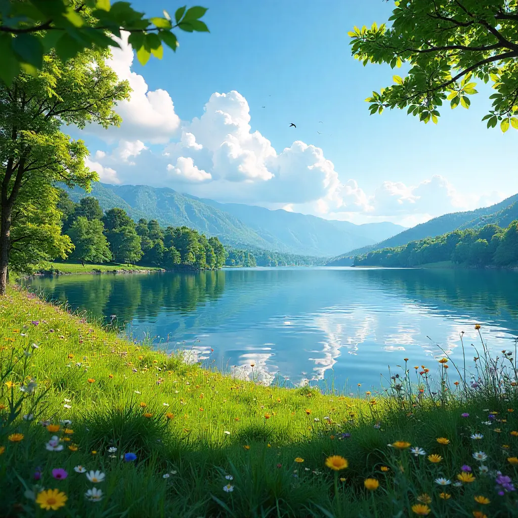 Summer Lake: Lush Greenery and Wildflower Bliss