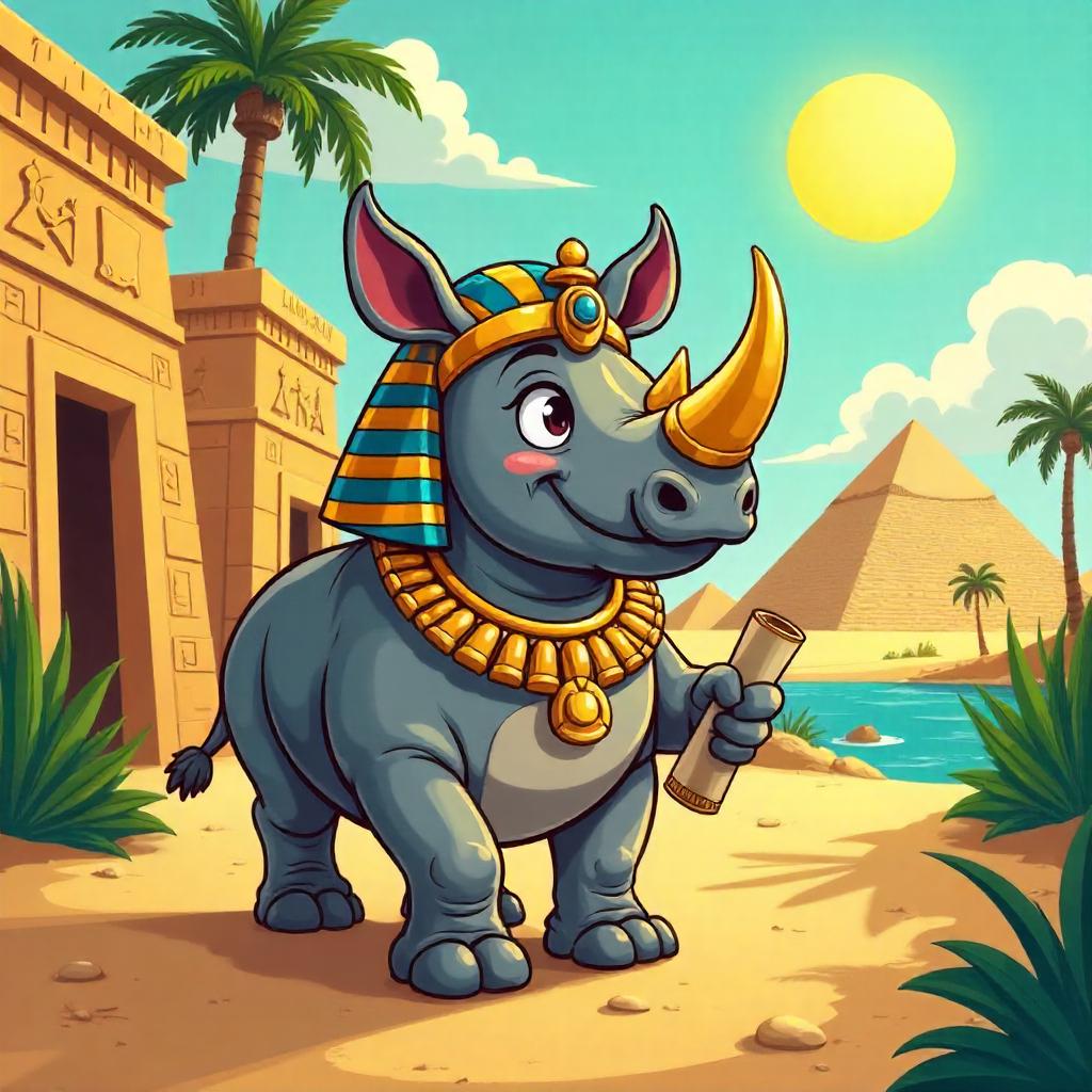Cartoon Rhino in Ancient Egyptian Adventure