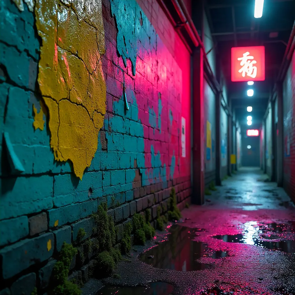 Vibrant Cracked Wall in Neon-Soaked Alley
