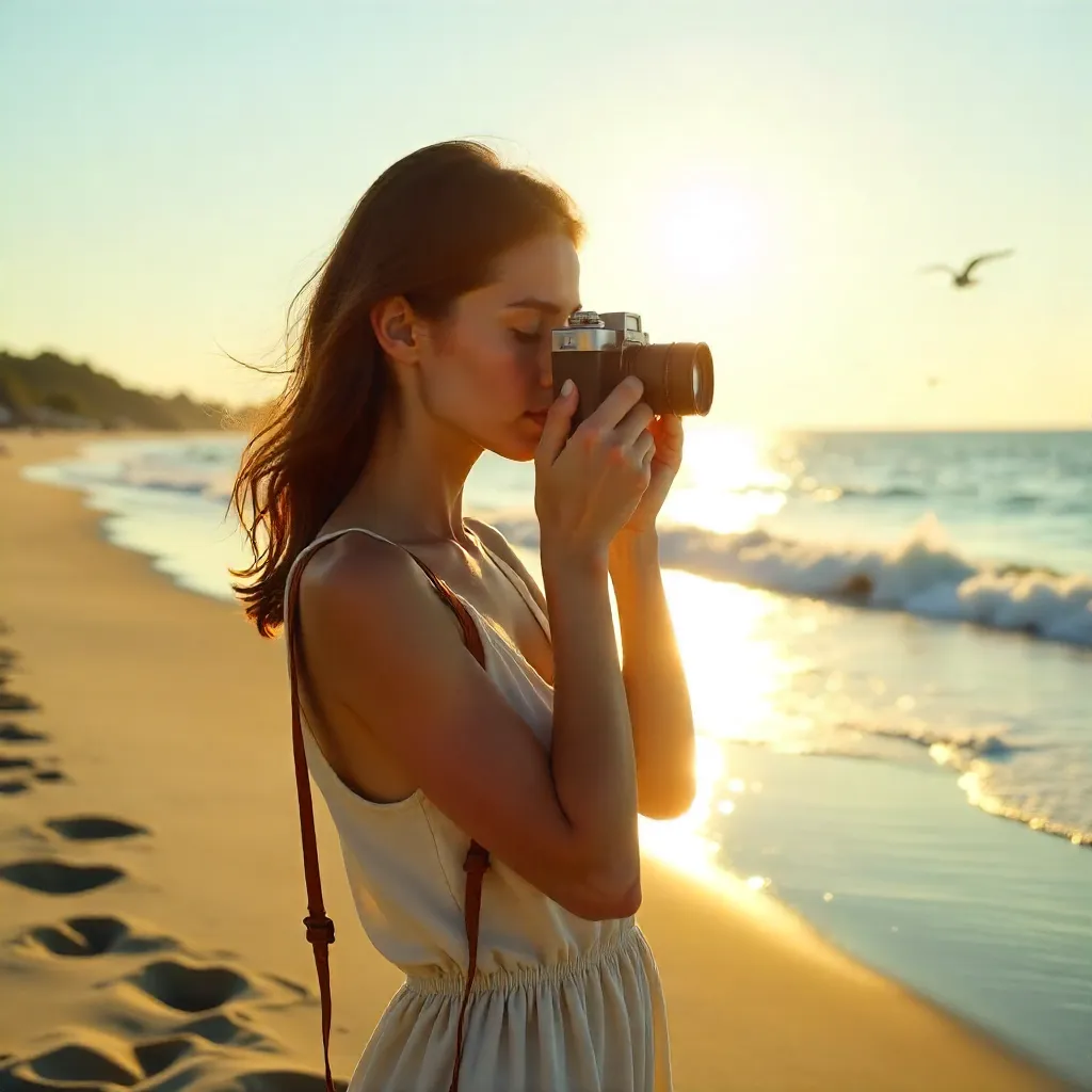 Golden Hour Moment: Woman with a Vintage Camera on the Beach