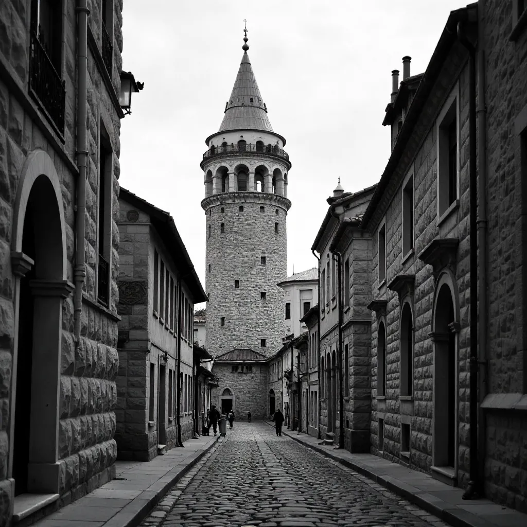 Monochrome Vista: Galata Tower in Istanbul's Historic Skyline