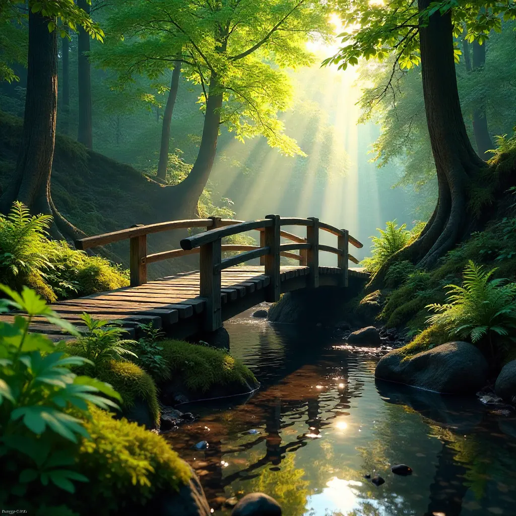 Whispering Brook Under a Wooden Forest Bridge