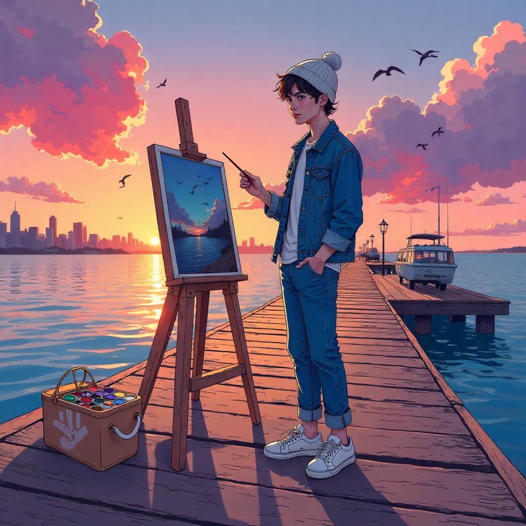 Sunset Anime Artist on the Pier