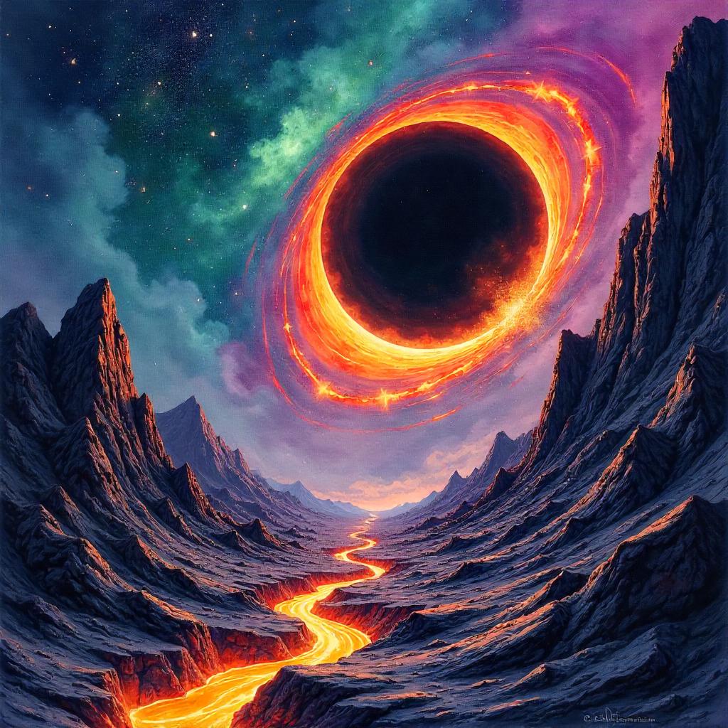 Whispers of Heat: Watercolor Black Hole Near Lava Flow