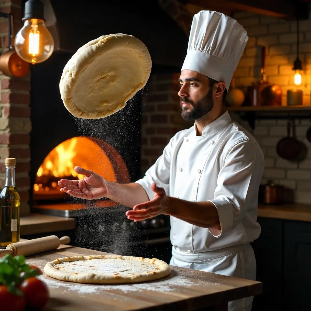 Tradition in Motion: Pizza Dough Toss in Warm Kitchen