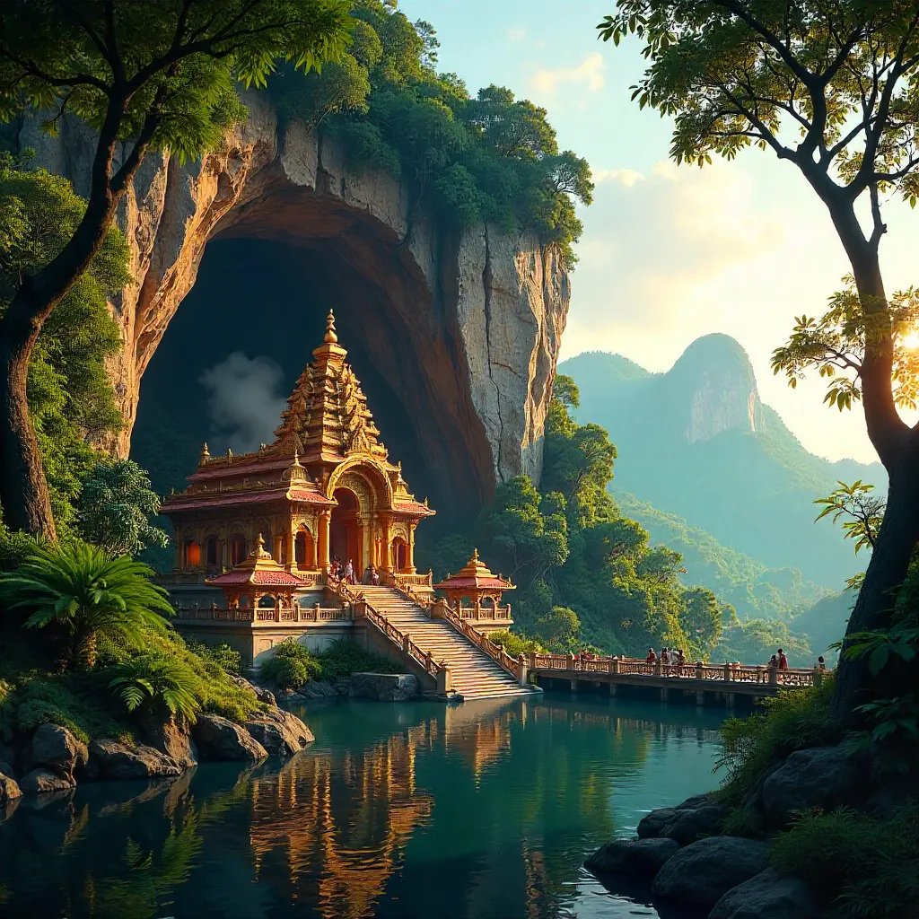 Golden Batu Caves Temple Amid Lush Limestone Cliffs