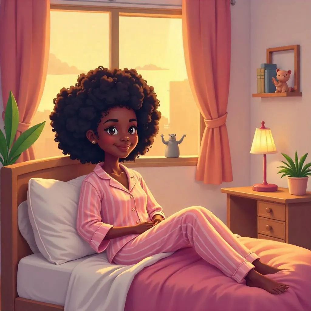 Cozy Cartoon Bedroom Scene with a Beautiful Black Woman