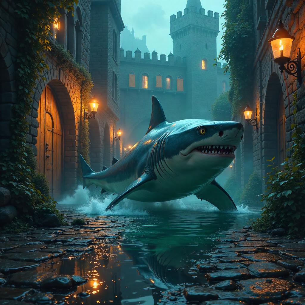 Shark in a Castle Courtyard - Digital Fantasy Scene